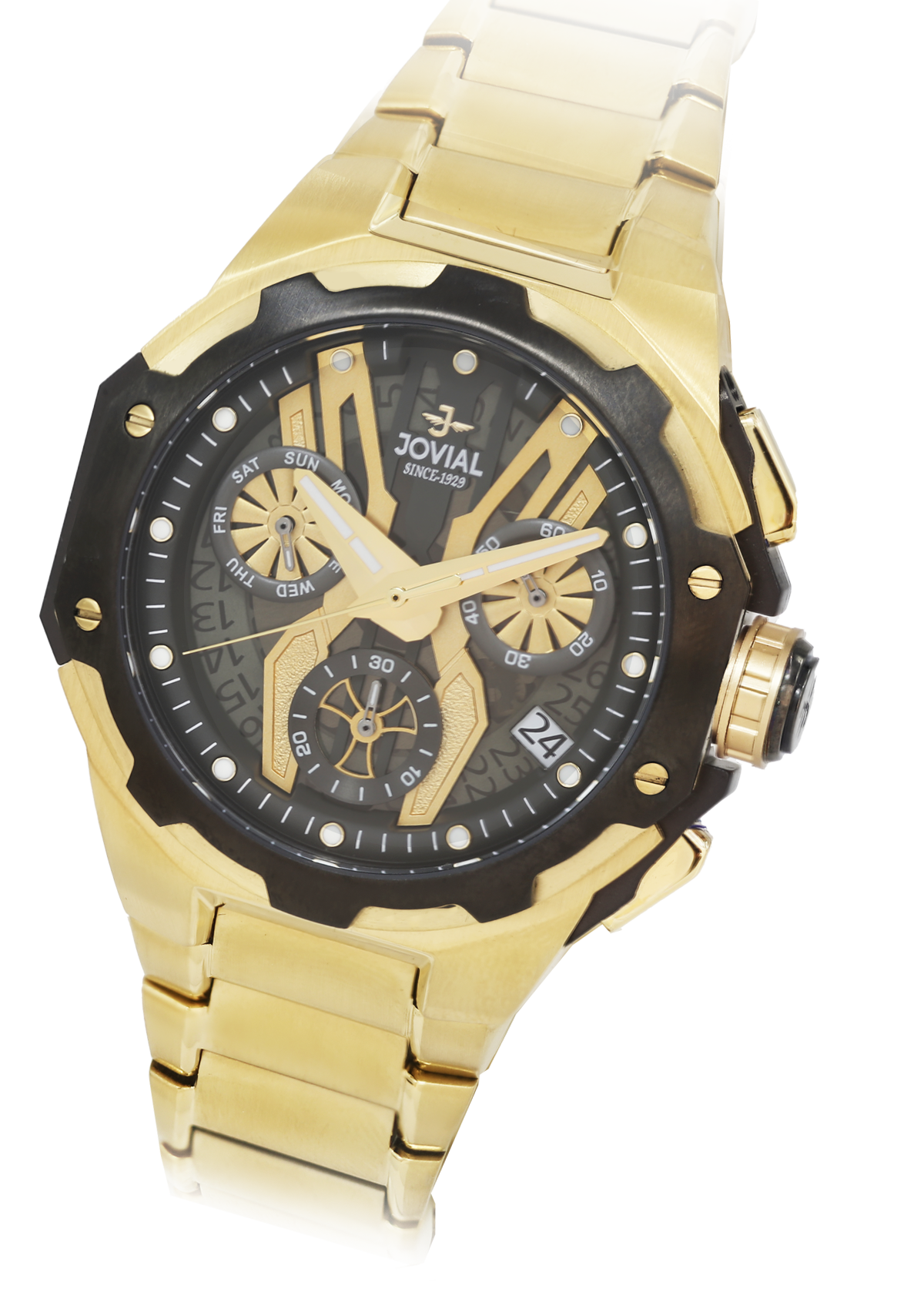Gold and black watch with 'Jovial' branding on a white background