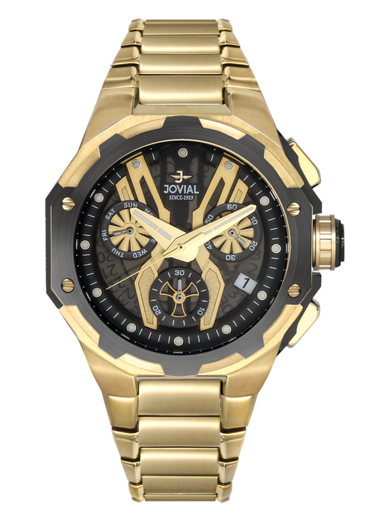 Gold and black watch with Jovial branding on a white background