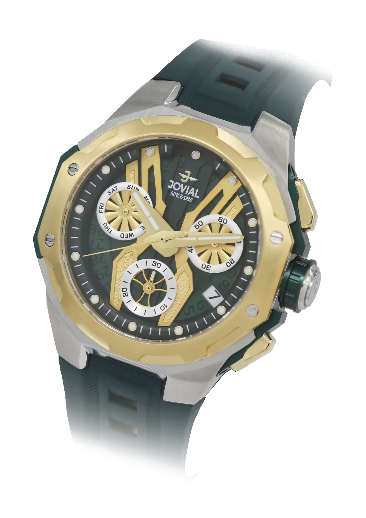 Luxury watch with green strap and gold and silver case on a white background