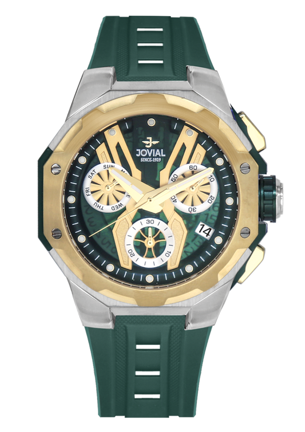 Jovial watch with green and gold design on a white background
