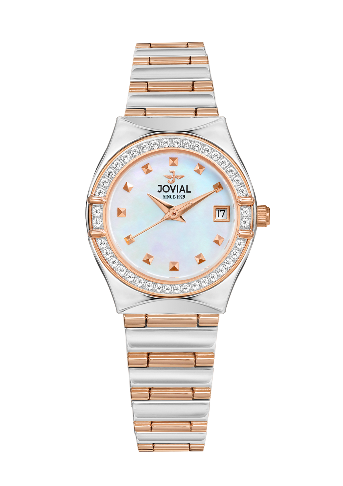Silver and rose gold watch with a decorative face on a white background