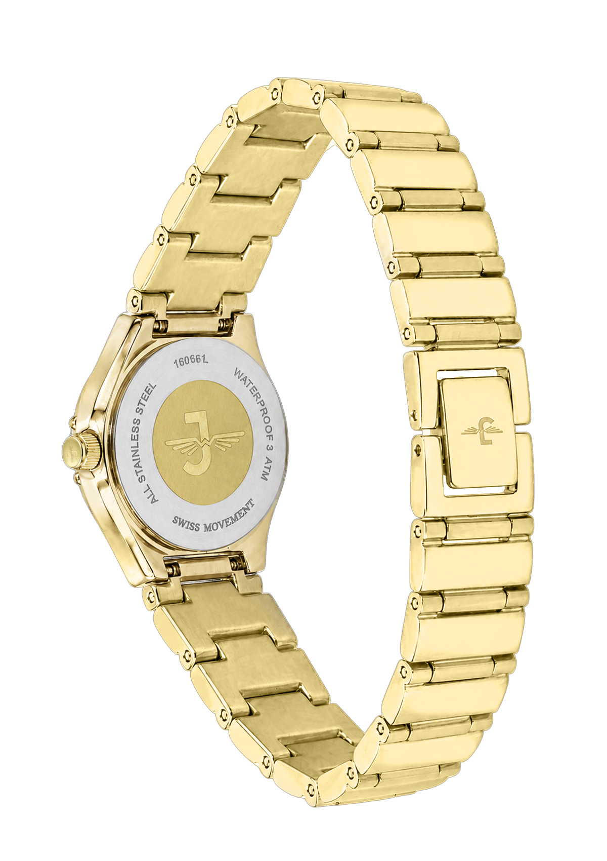 Gold watch with a detailed face on a white background