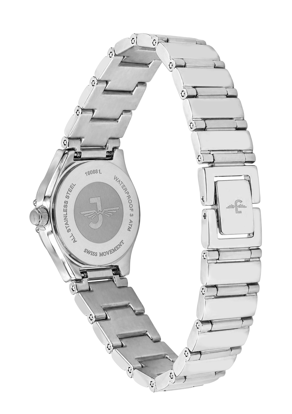Silver watch with metal band on a white background