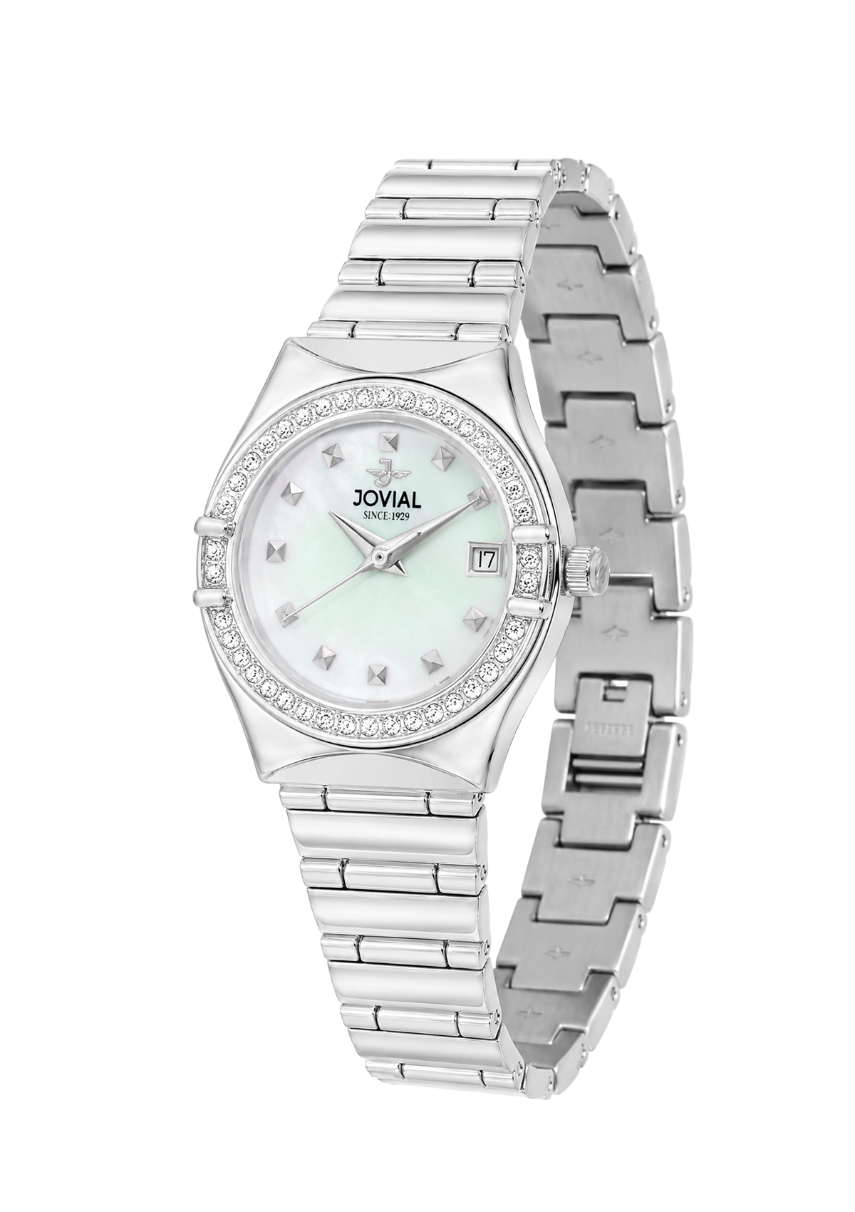 Silver watch with gemstone accents on a white background, brand 'Jovial' visible.