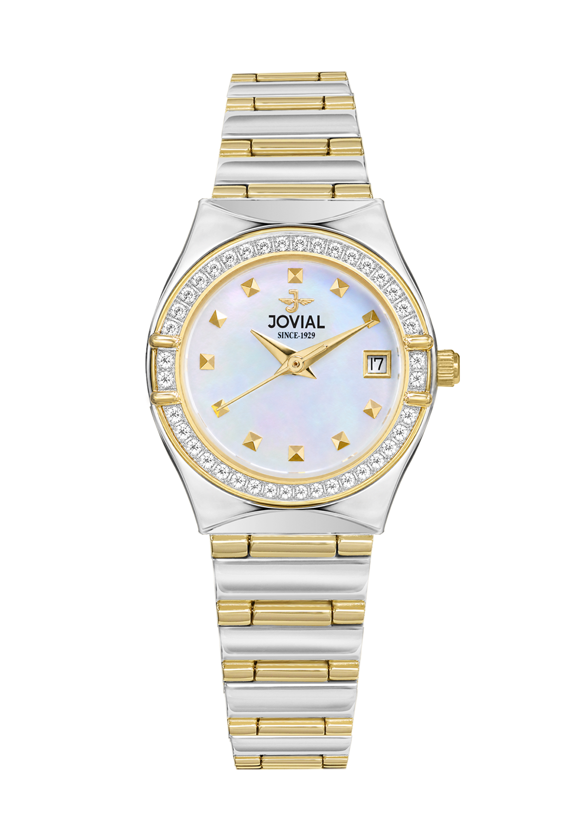 Gold and silver watch with a decorative face on a white background