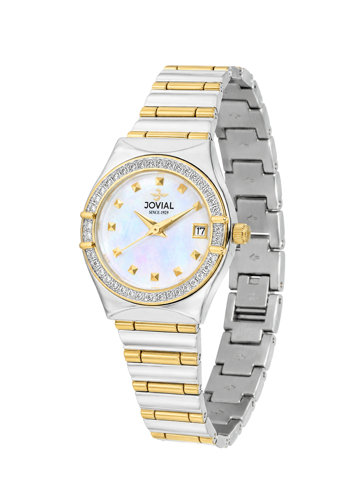 Two-tone silver and gold watch with a white face on a white background
