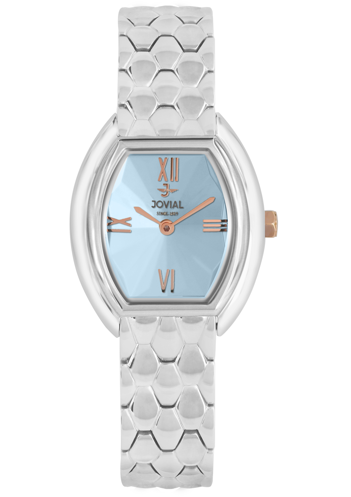 Wristwatch with a light blue face and white textured strap on a white background