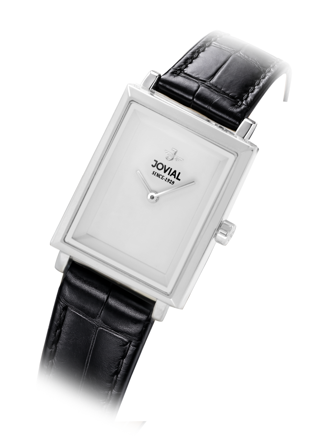 Square watch with black leather strap and silver case on a white background