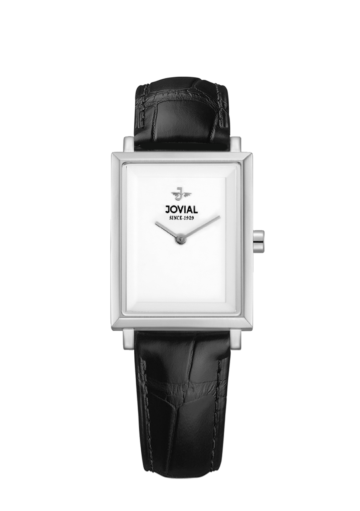 Black watch with silver case and white face on a white background