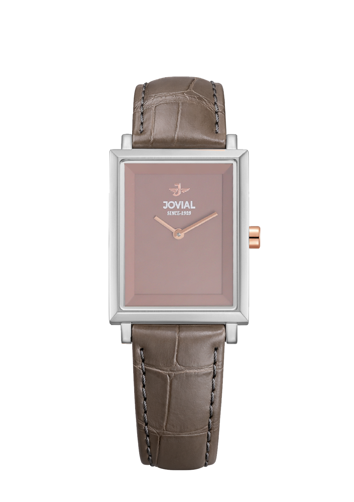 Watch with brown leather strap and rose gold accents on a white background