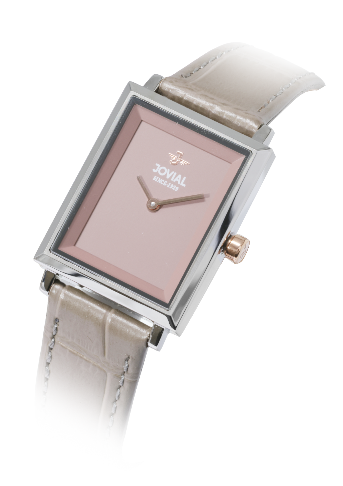Watch with pink face and beige strap on a white background