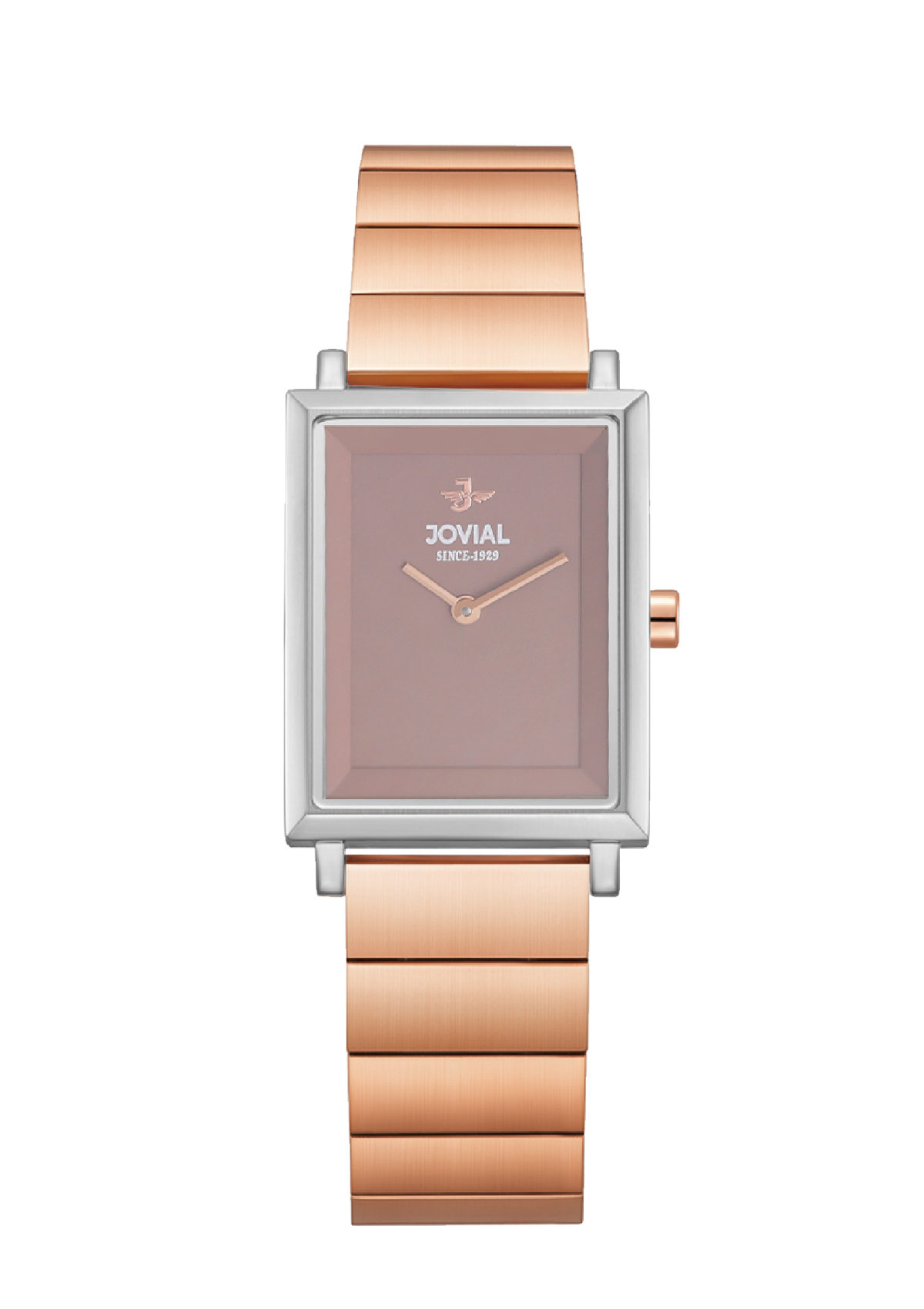 Rose gold watch with a rectangular face on a white background