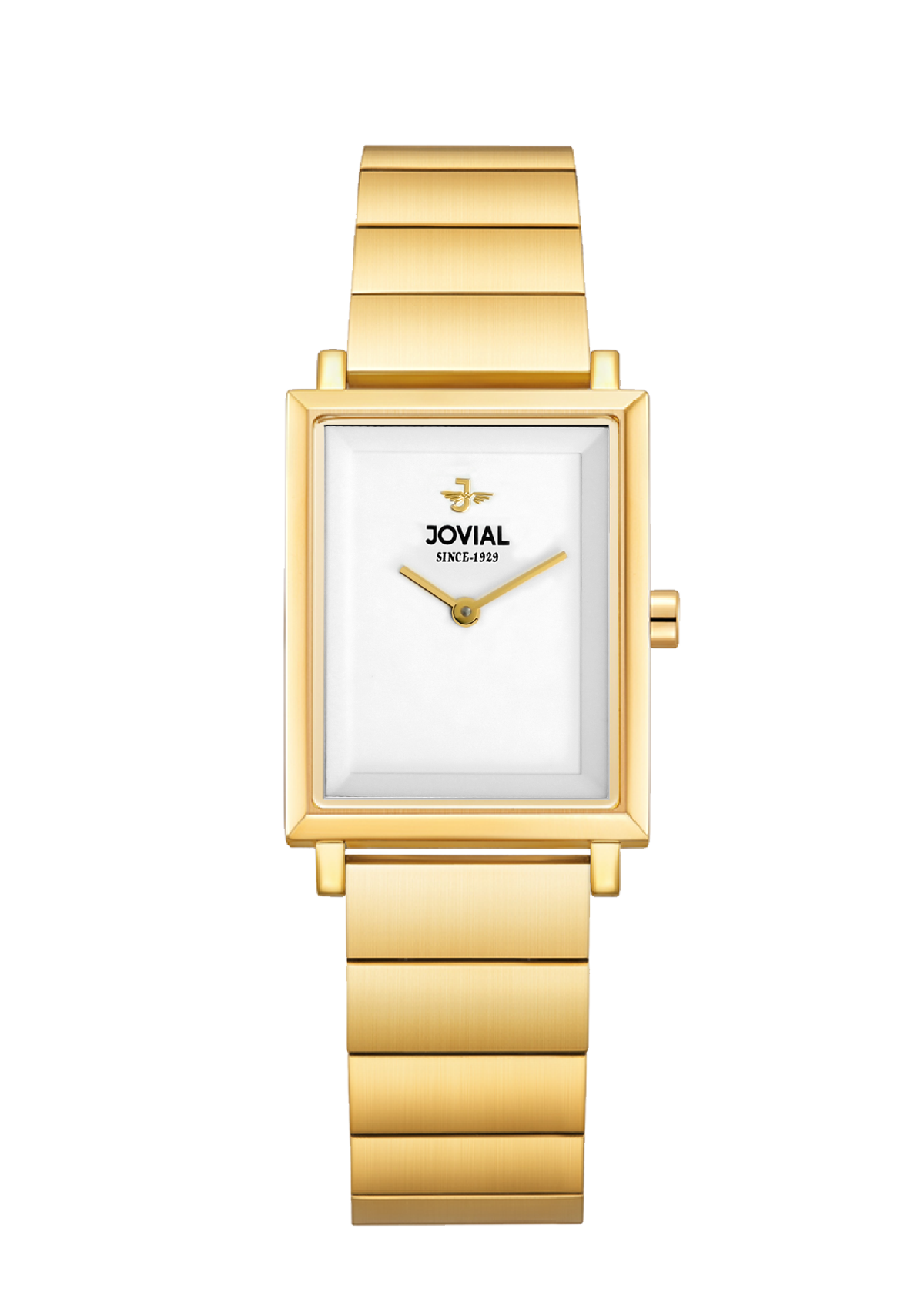 Gold watch with a white face on a white background