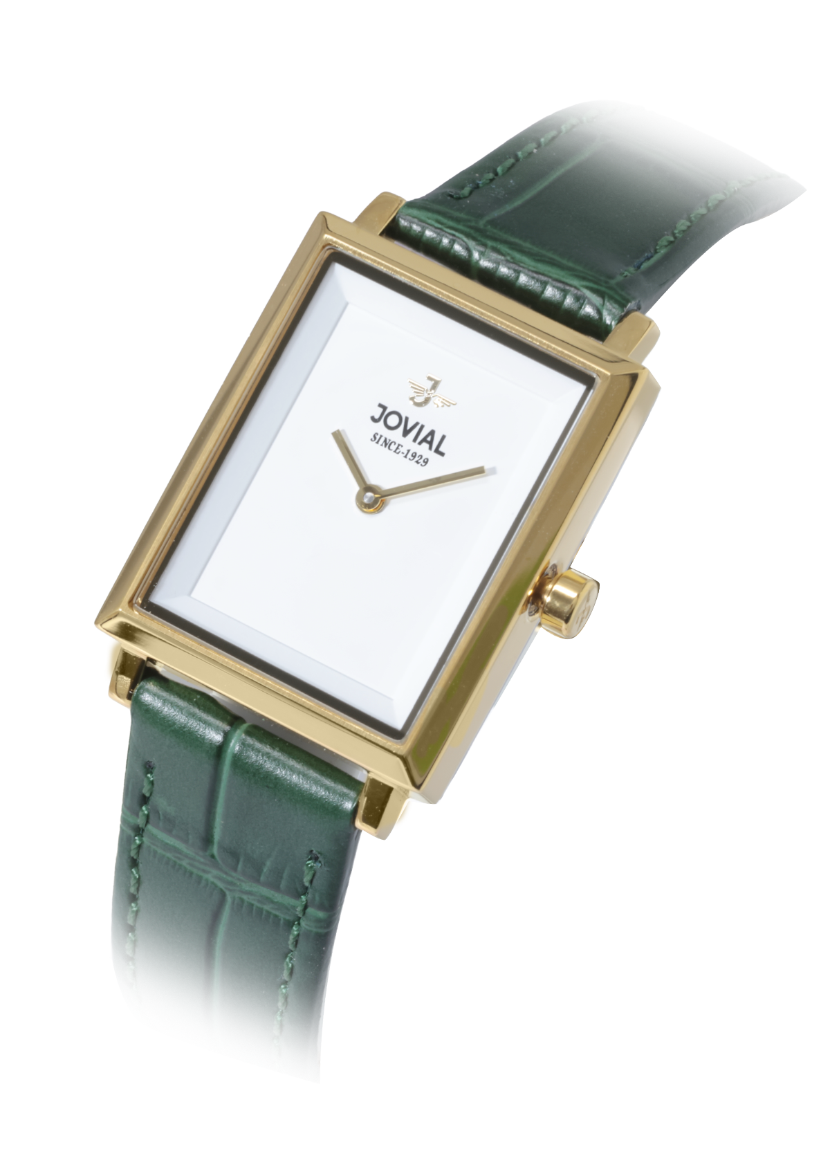 Watch with green strap and gold case on a white background