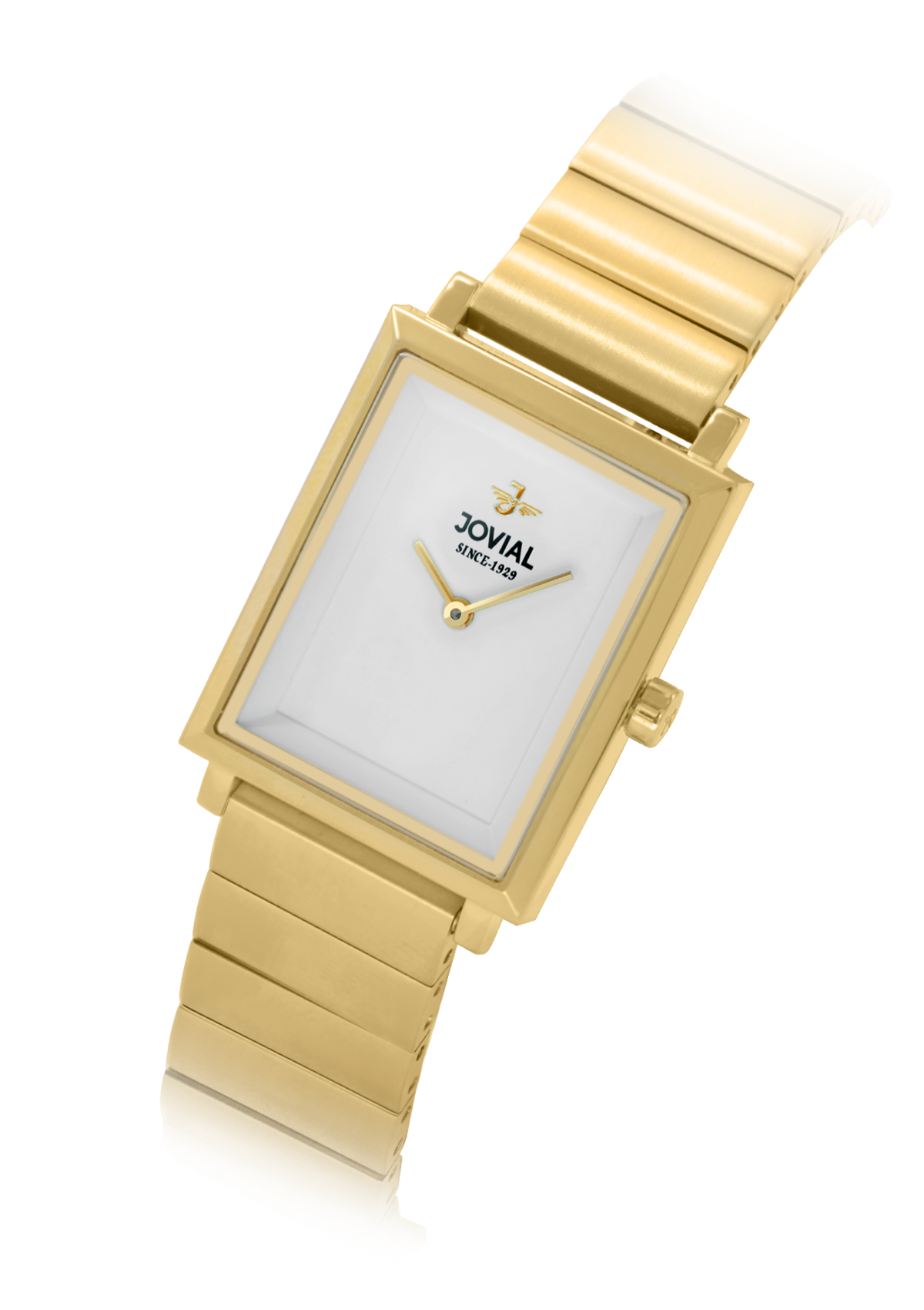 Gold rectangular watch with white face on a white background