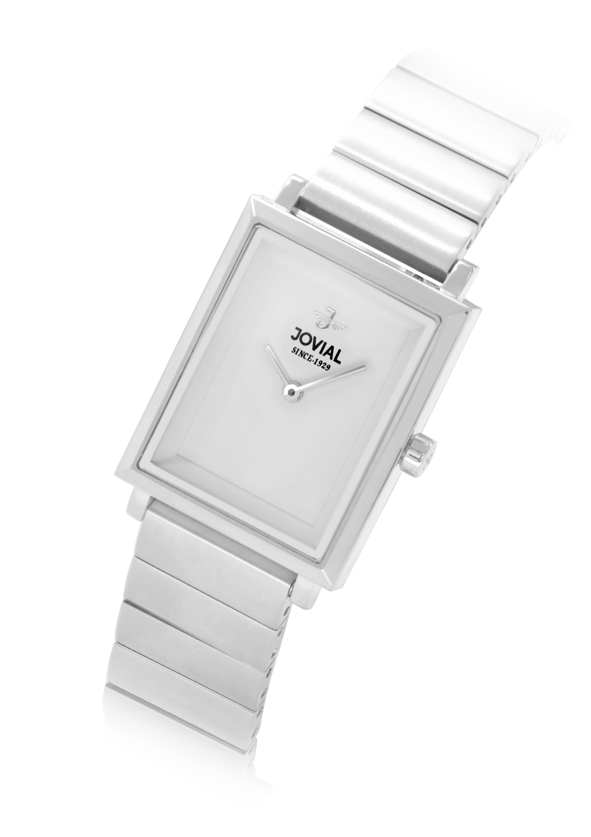 Silver watch with a rectangular face on a white background