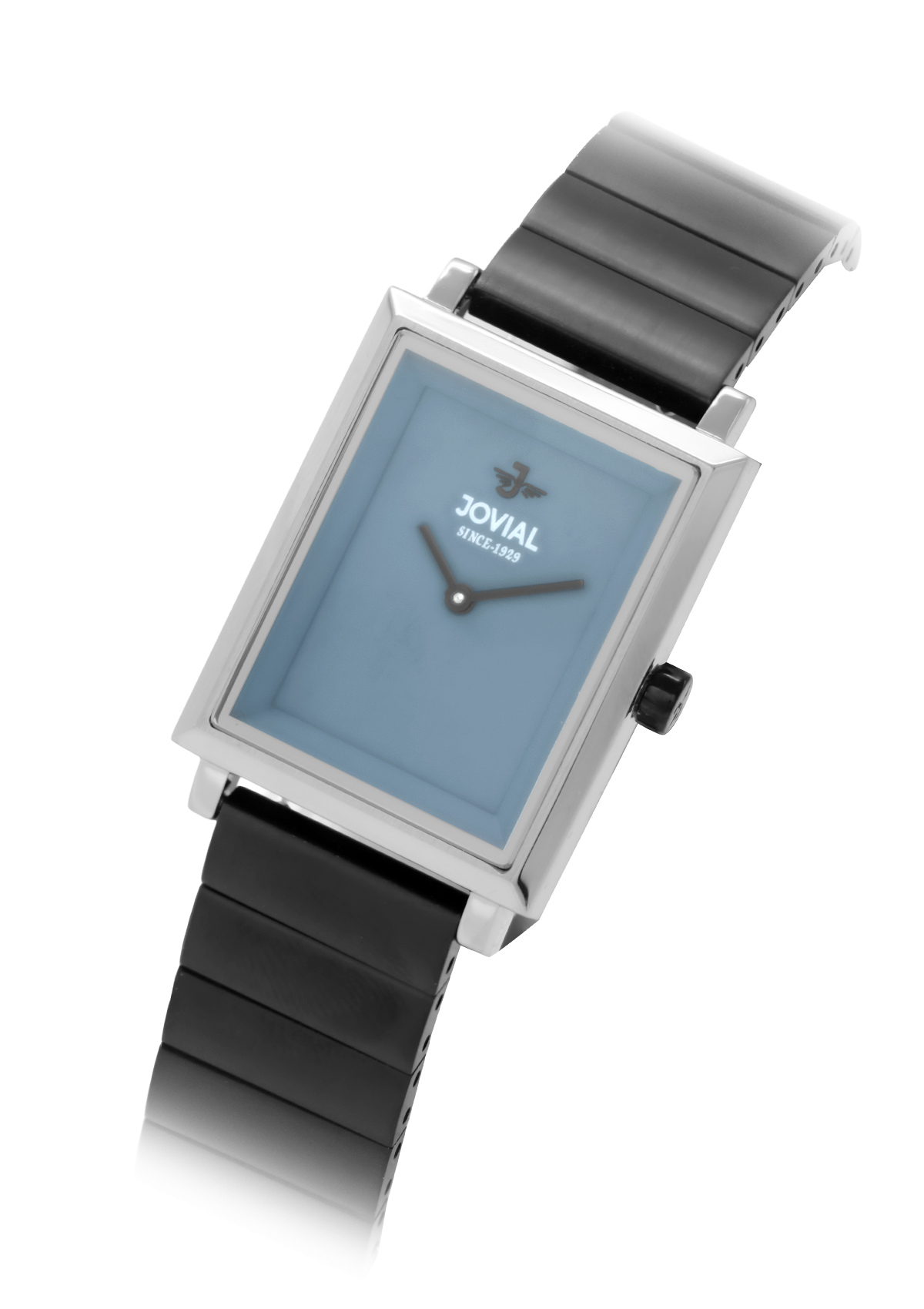 Rectangular watch with black strap and blue face on a white background