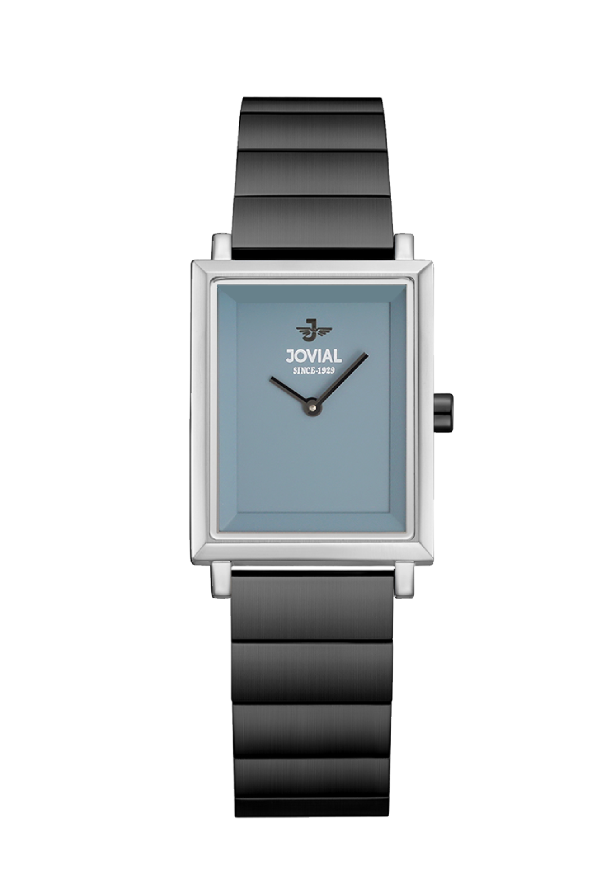 Watch with black strap and blue face on a white background