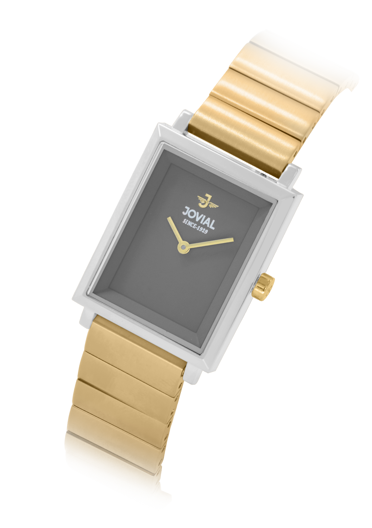 Gold watch with gray face and Jovial brand logo on a white background