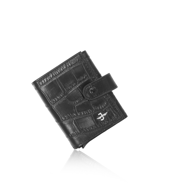 JW 16325 BK – Croc-Embossed Tri-Fold Wallet with Pop up Card Release