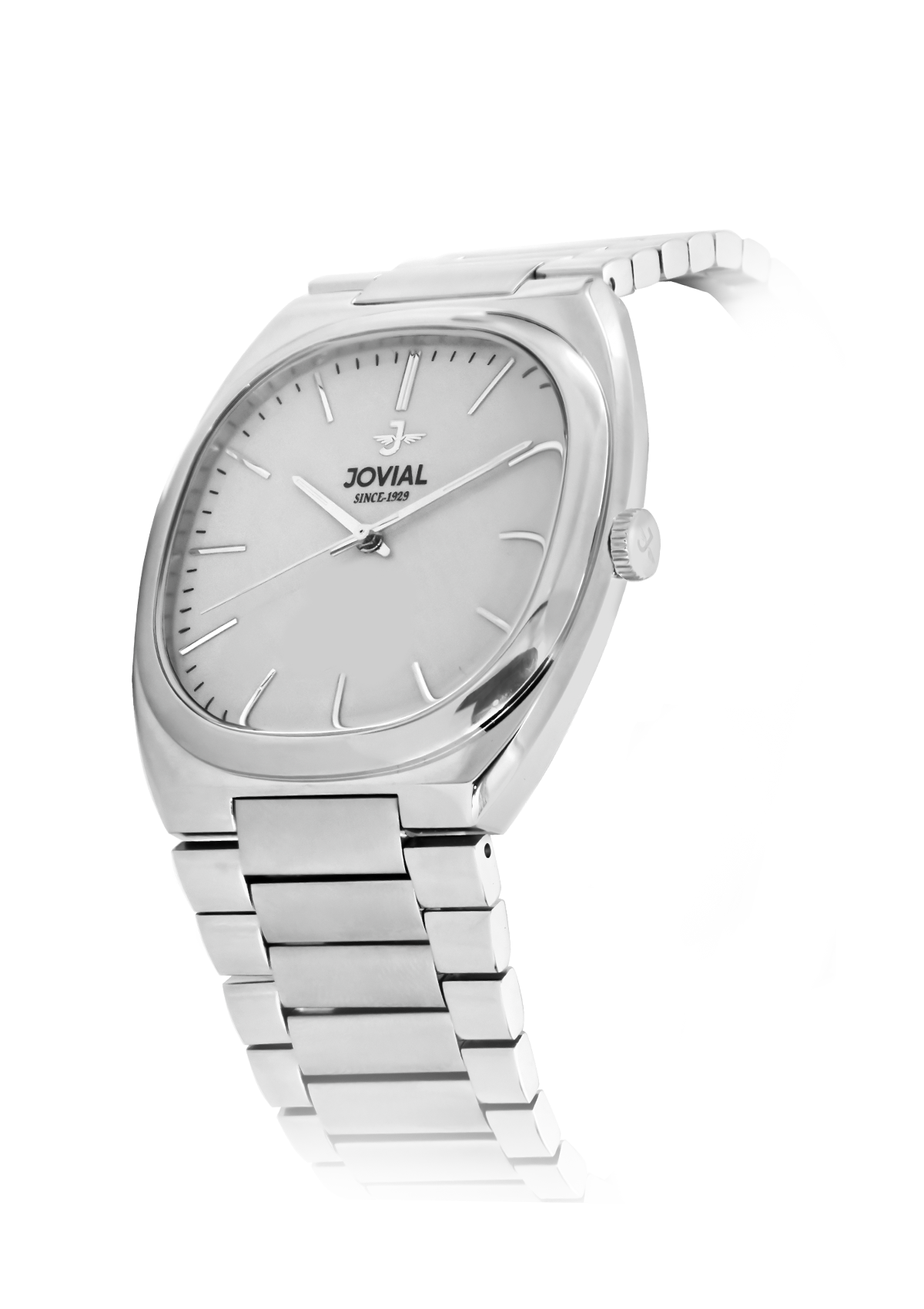 Silver watch with a metallic band on a white background