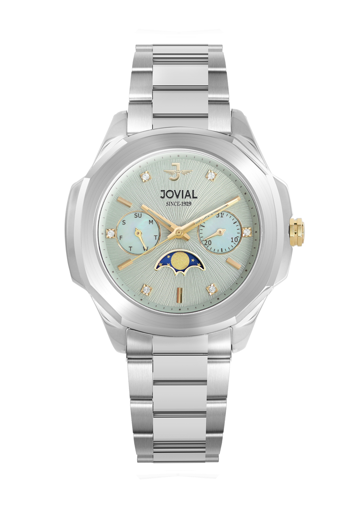 Silver watch with a detailed face on a white background, featuring the brand 'Jovial'.