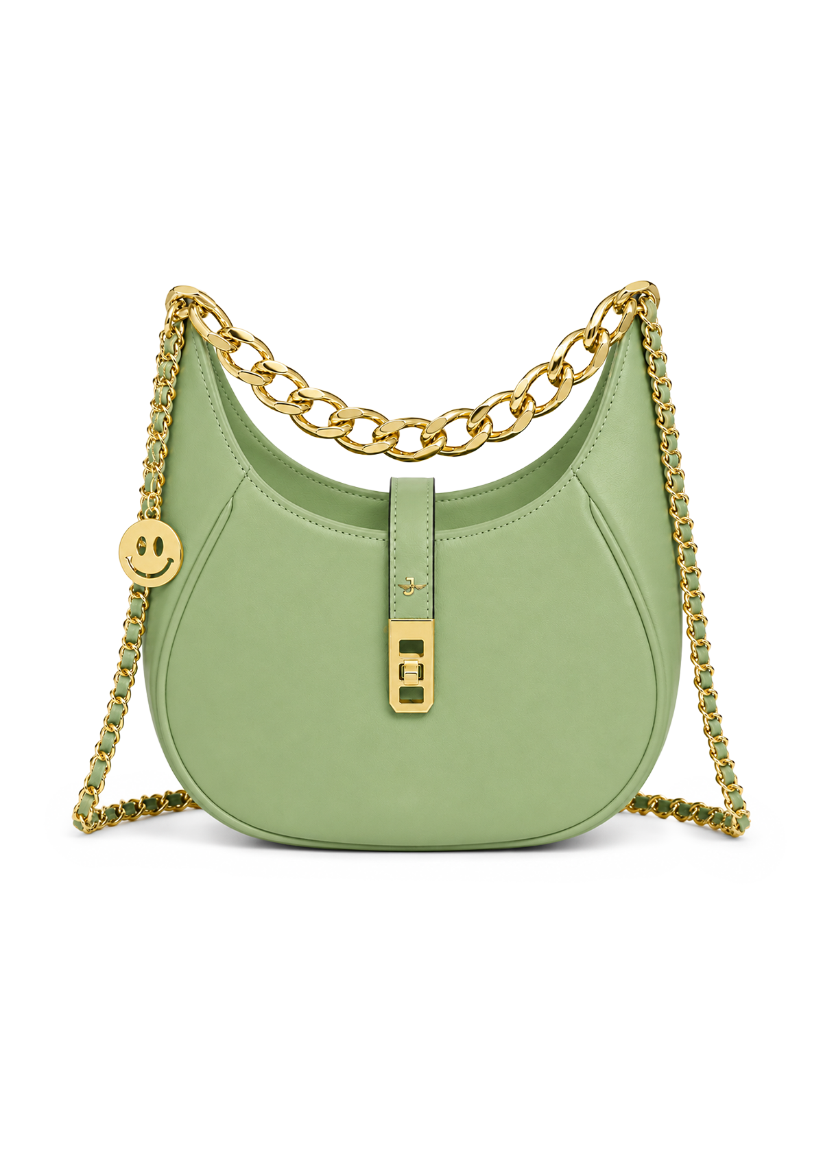 Green handbag with gold chain strap on a white background