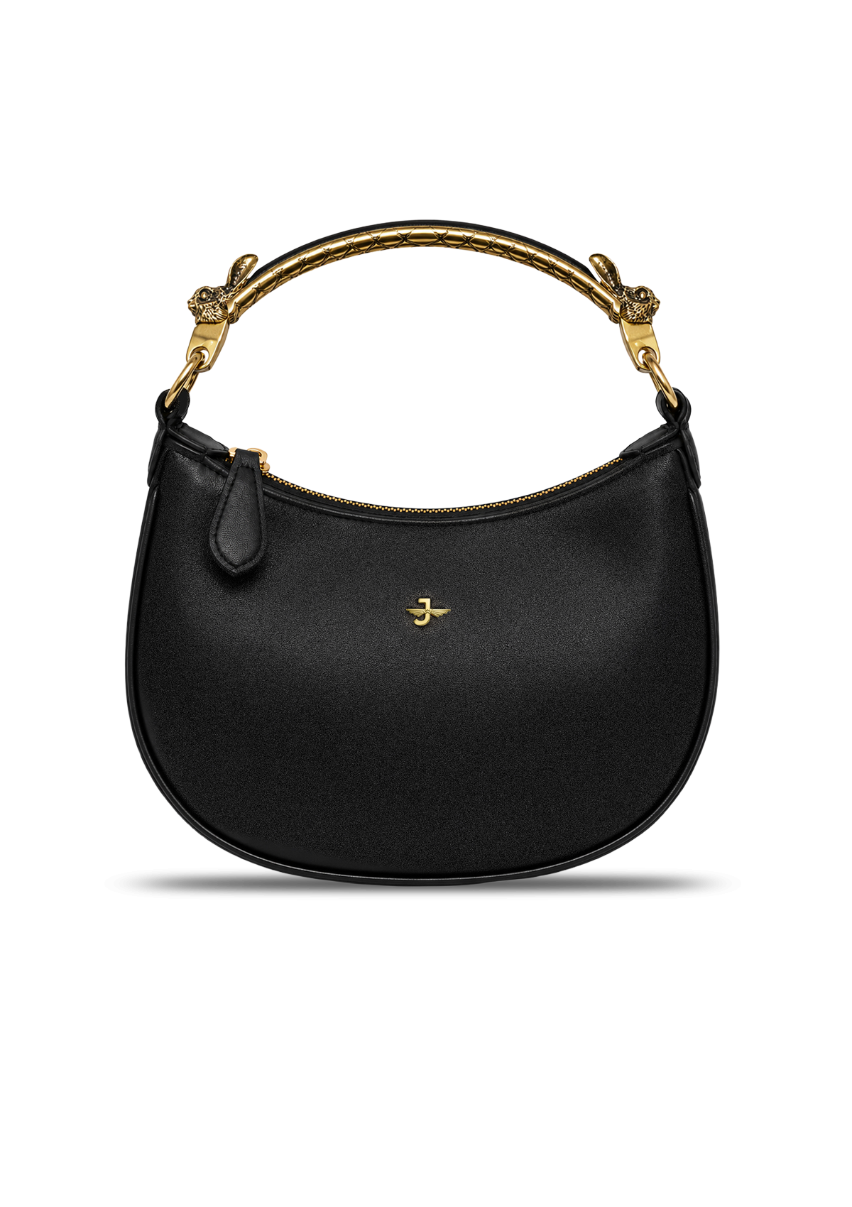 Black handbag with gold accents on a white background