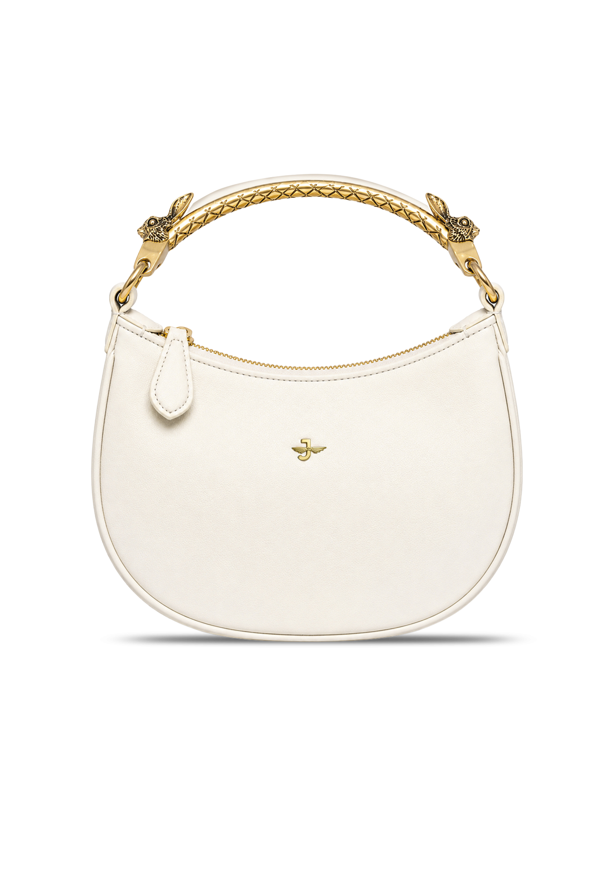 White handbag with gold handle on a white background