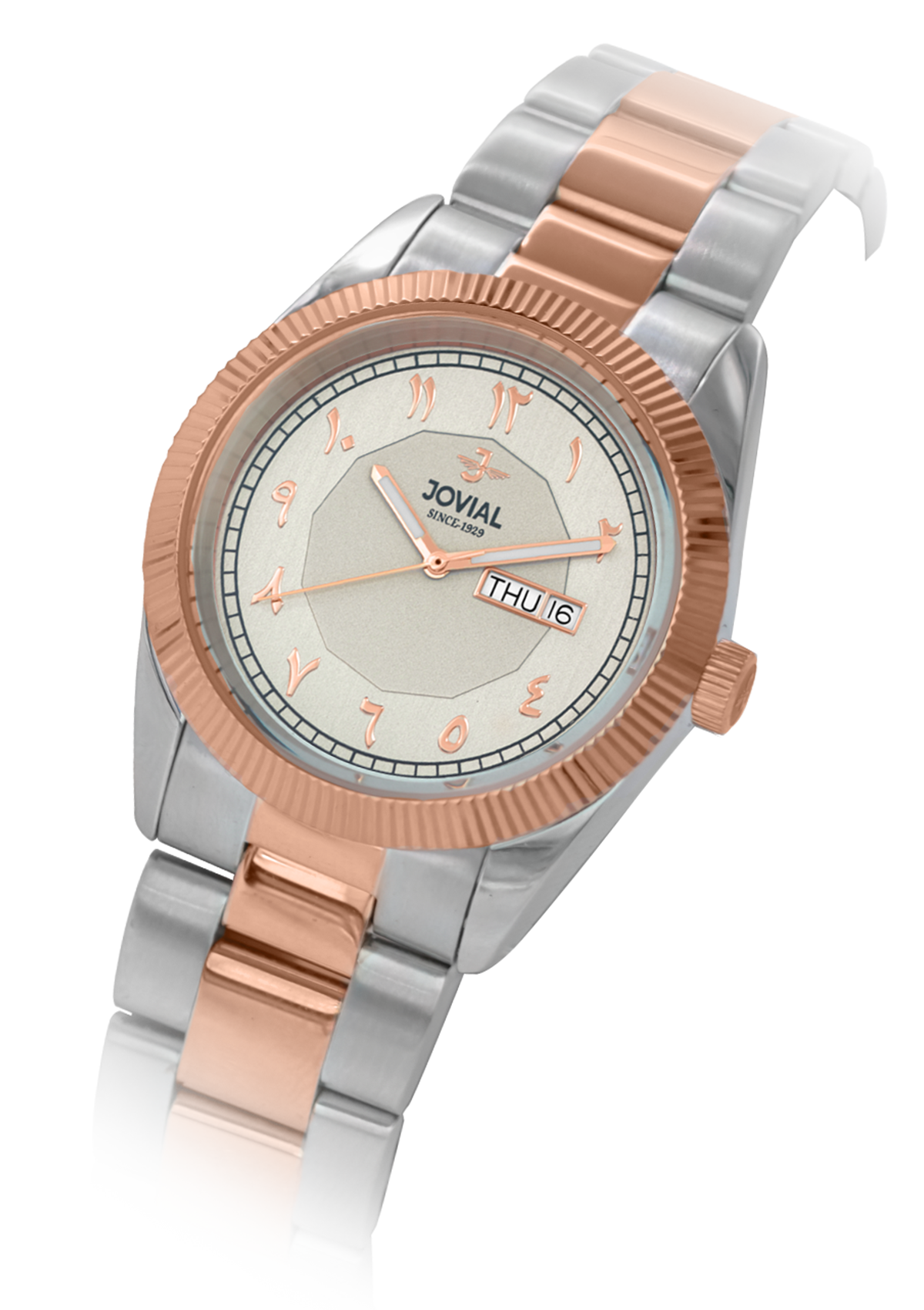 Two-tone watch with silver and rose gold band on a white background