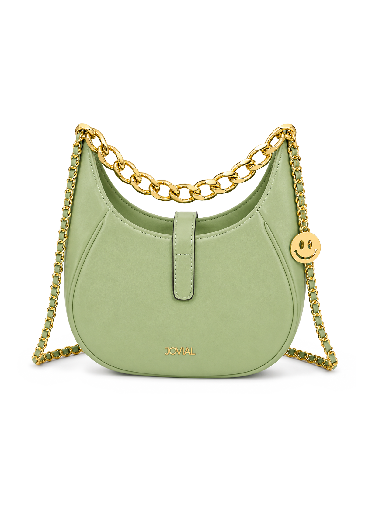 Green handbag with gold chain and smiley face charm on a white background