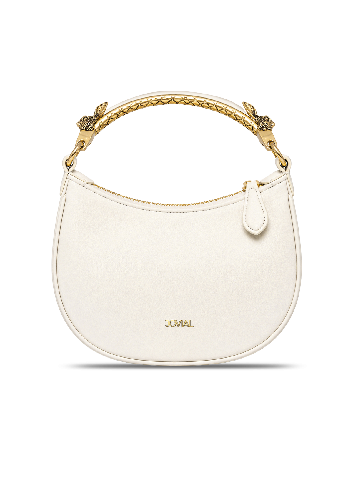 White handbag with gold handle and chain detail on a white background