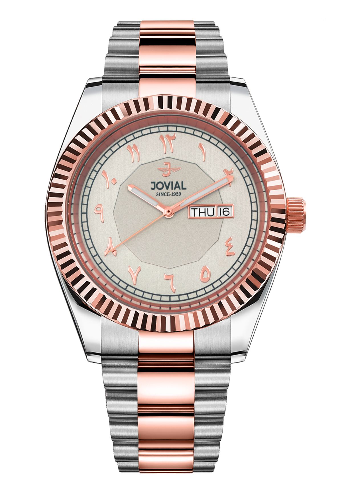 Silver and rose gold watch with 'Jovial' branding on a white background