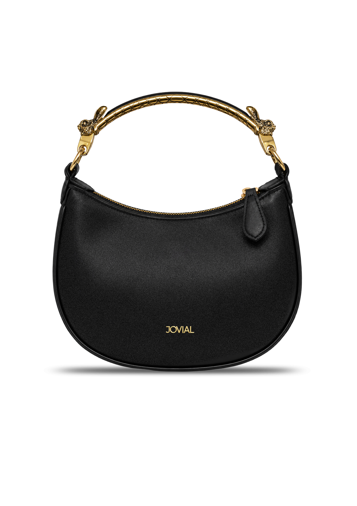 Black handbag with gold handle on a white background