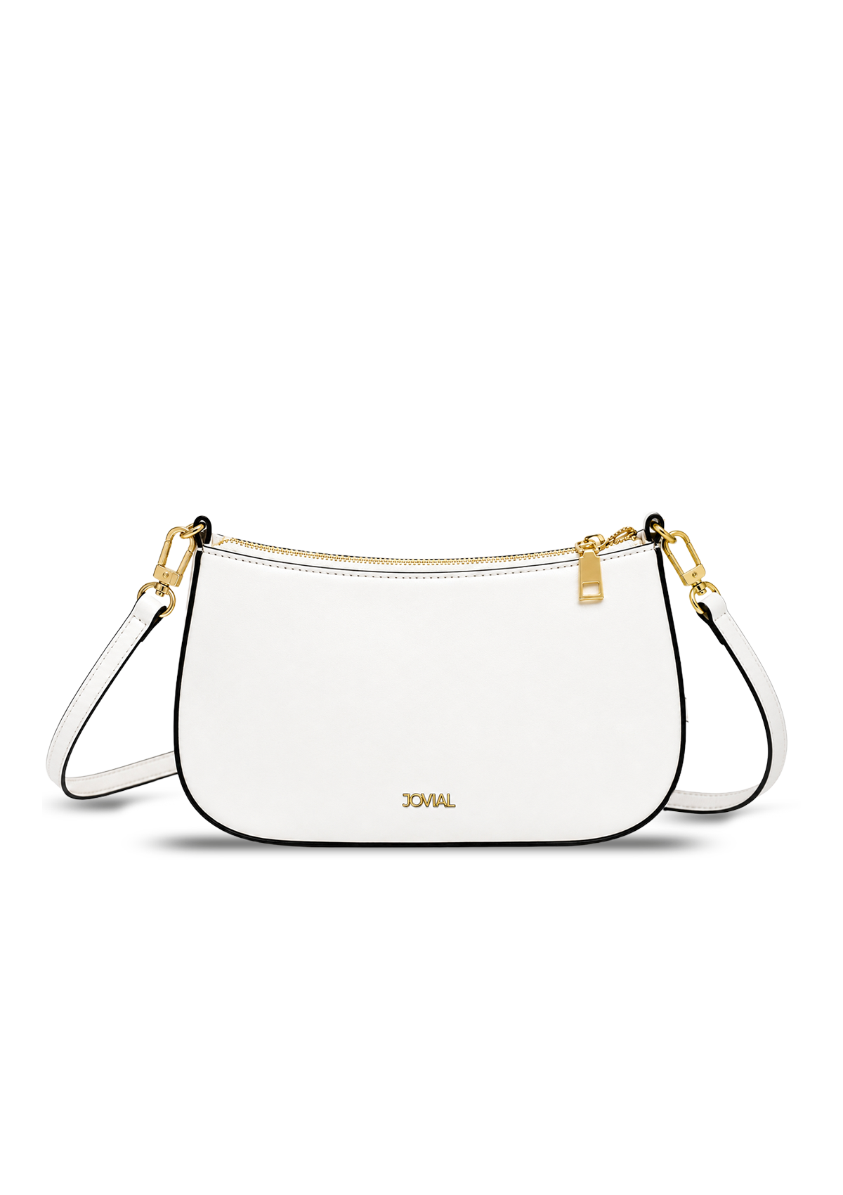 White handbag with gold accents on a white background