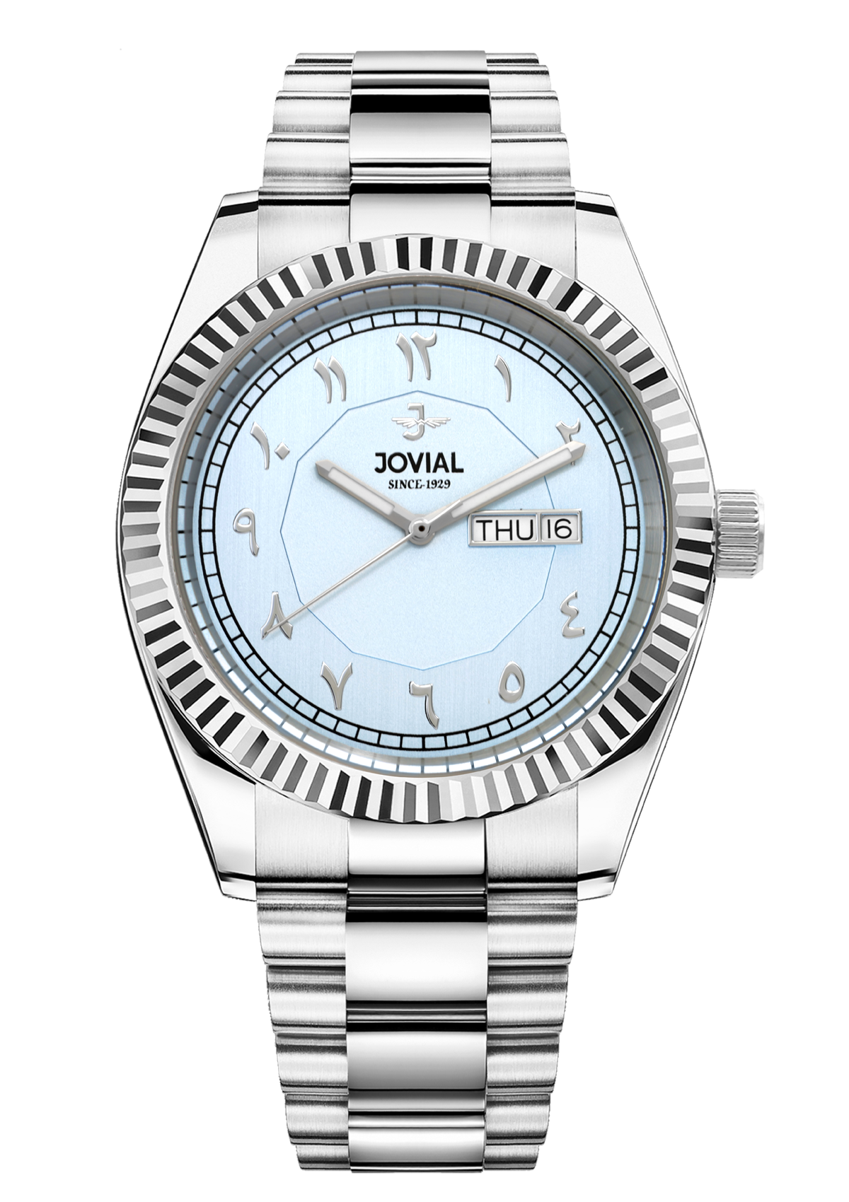Silver watch with a light blue face on a white background