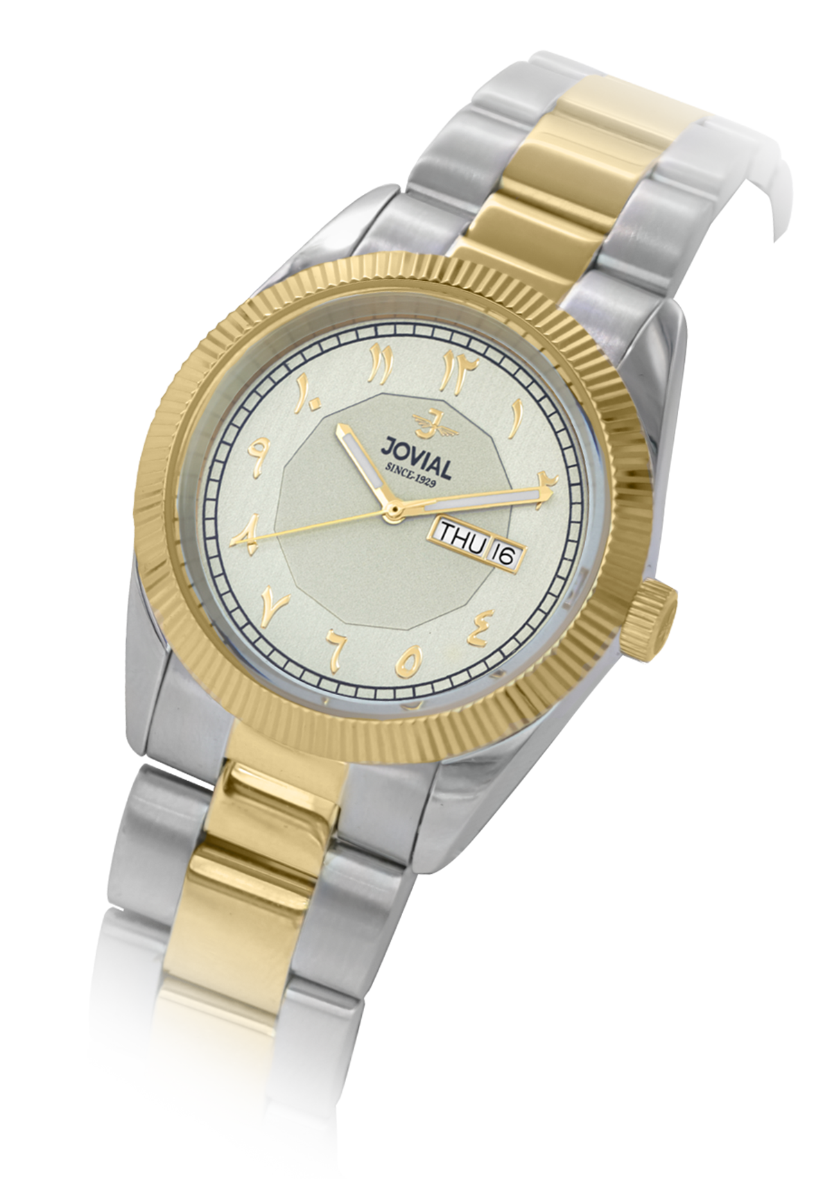 Two-tone watch with gold and silver band on a white background