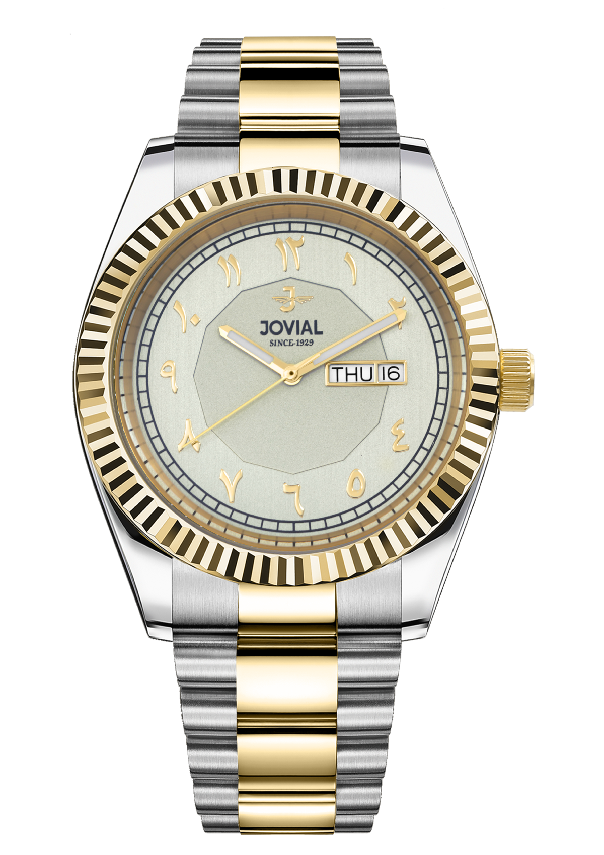 Two-tone silver and gold watch with a visible brand name on a white background