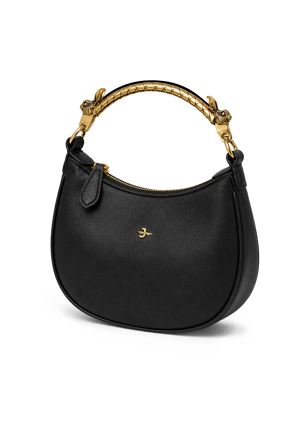 Black handbag with gold accents on a white background