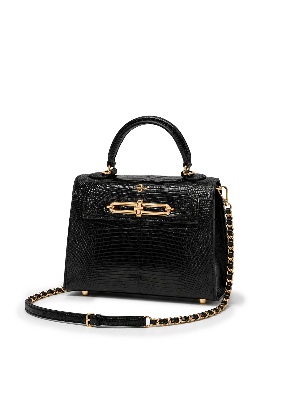 Black handbag with gold accents on a white background