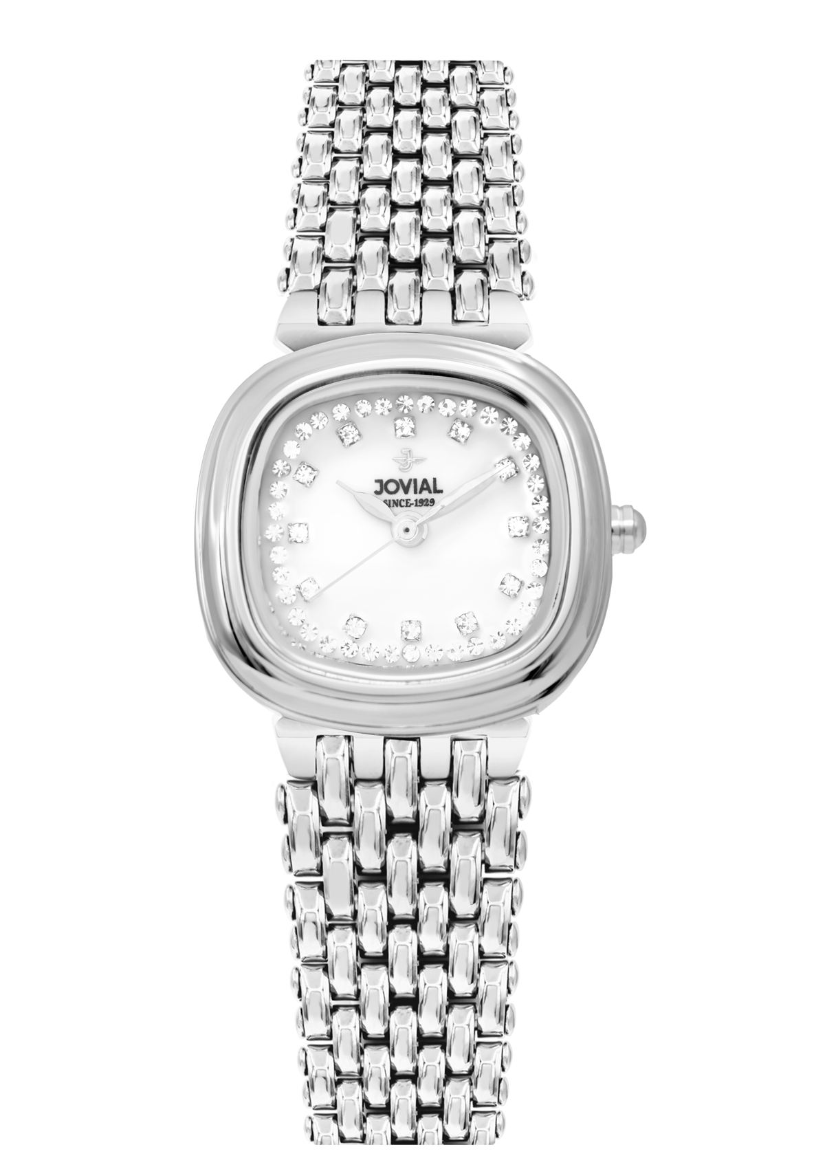 Silver watch with a mesh band on a white background