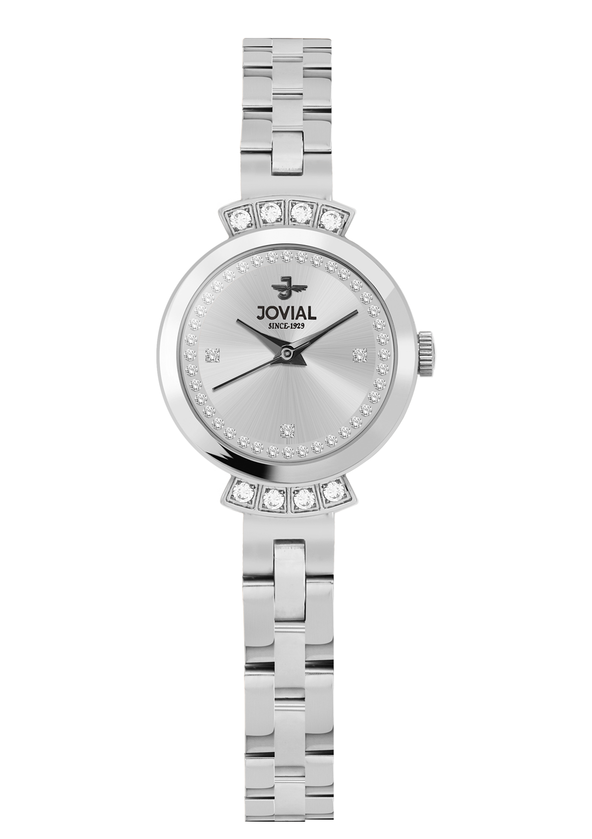 Silver watch with gemstone accents on a white background, brand 'Jovial' visible.