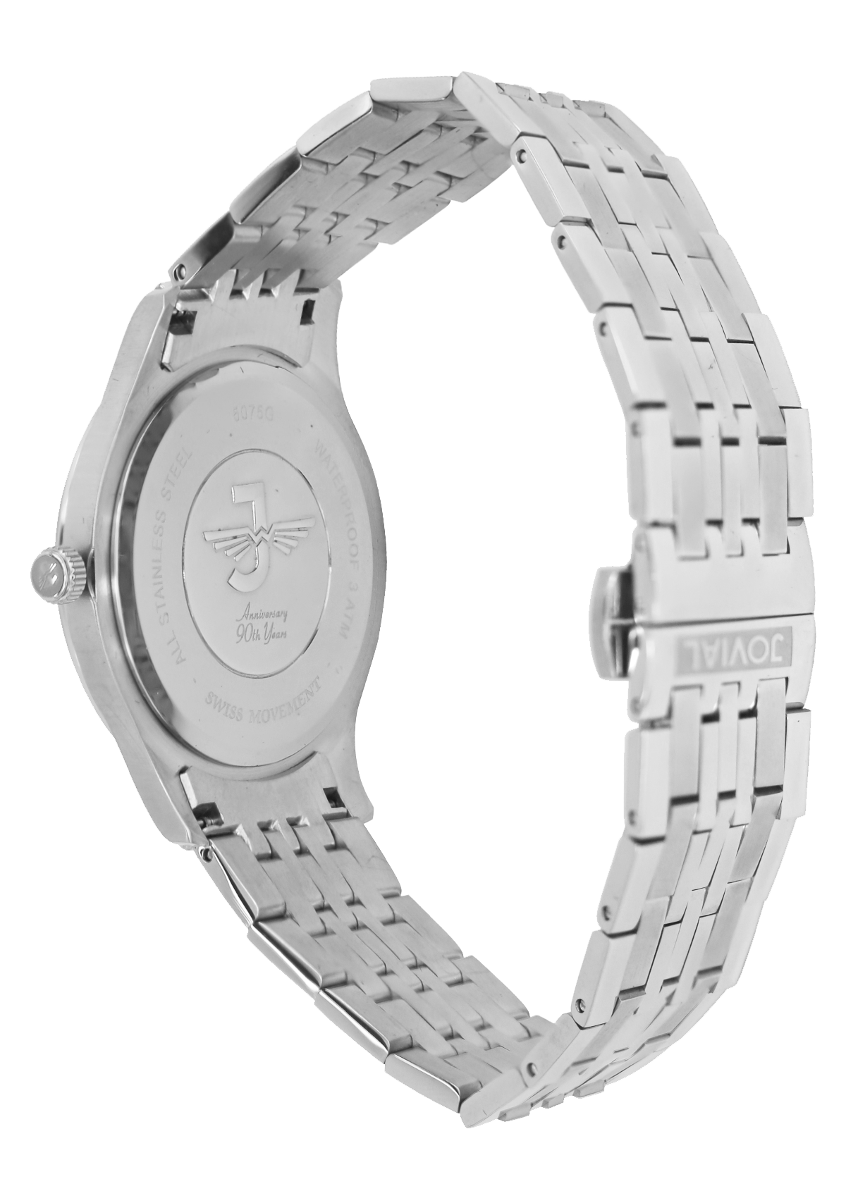 Silver watch with metal band on a white background