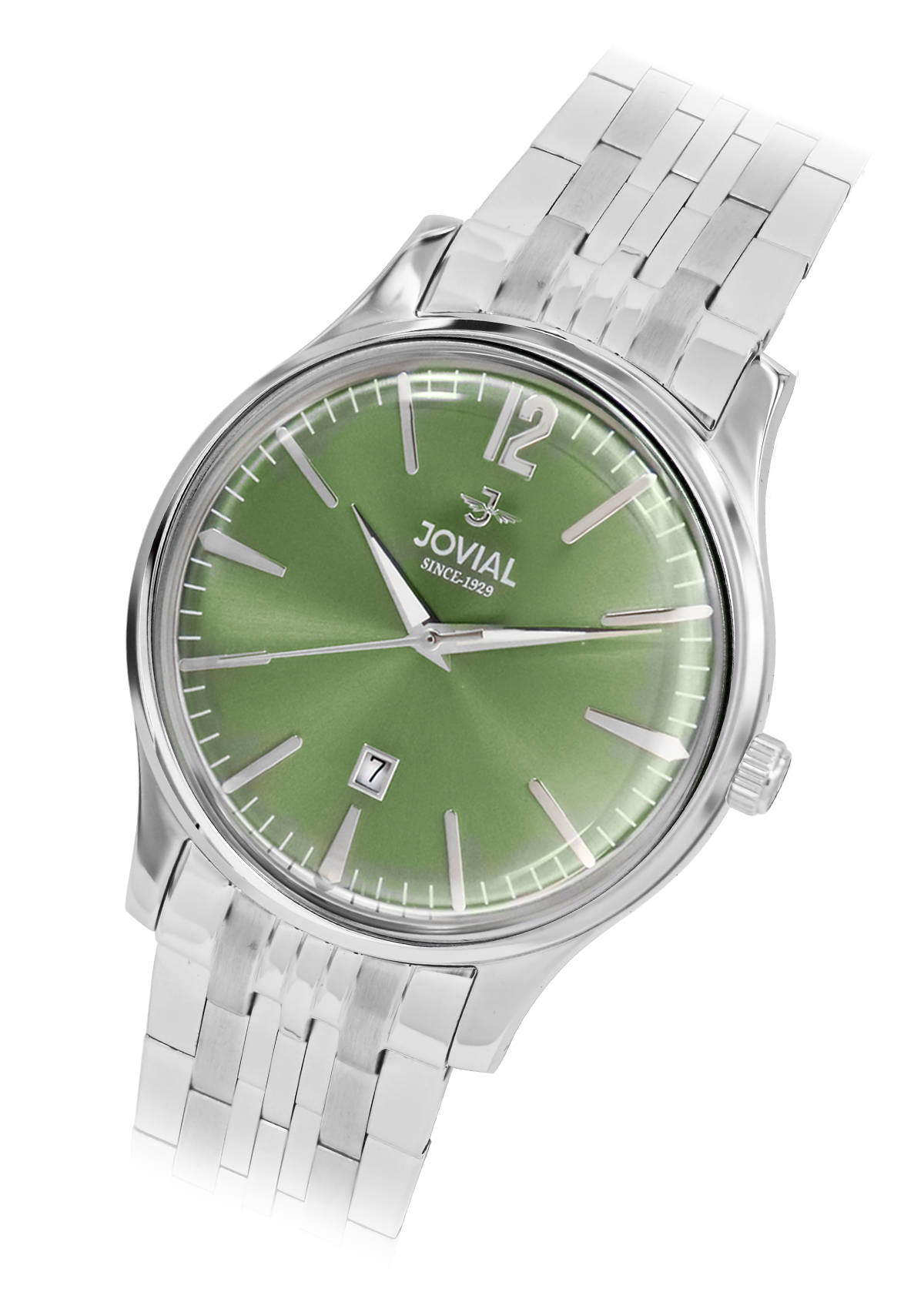 Silver watch with a green face on a white background