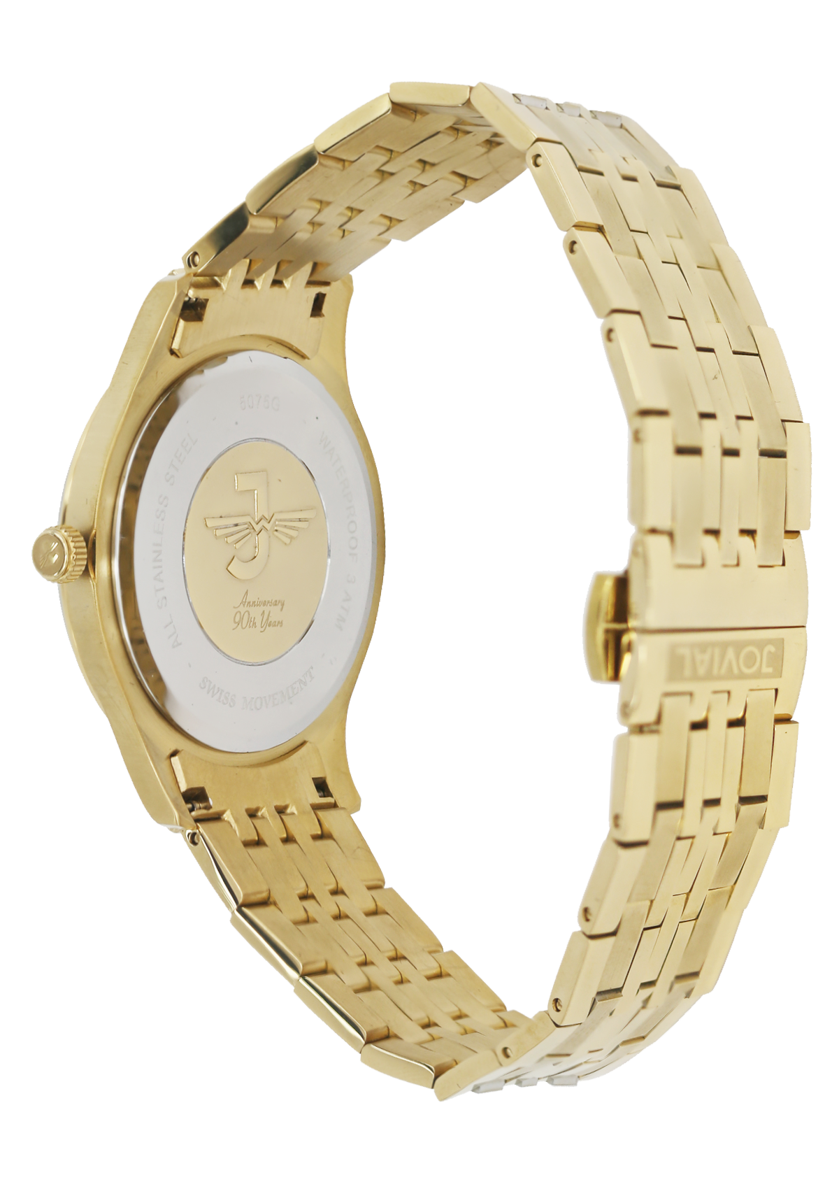 Gold watch with a detailed metal band on a white background