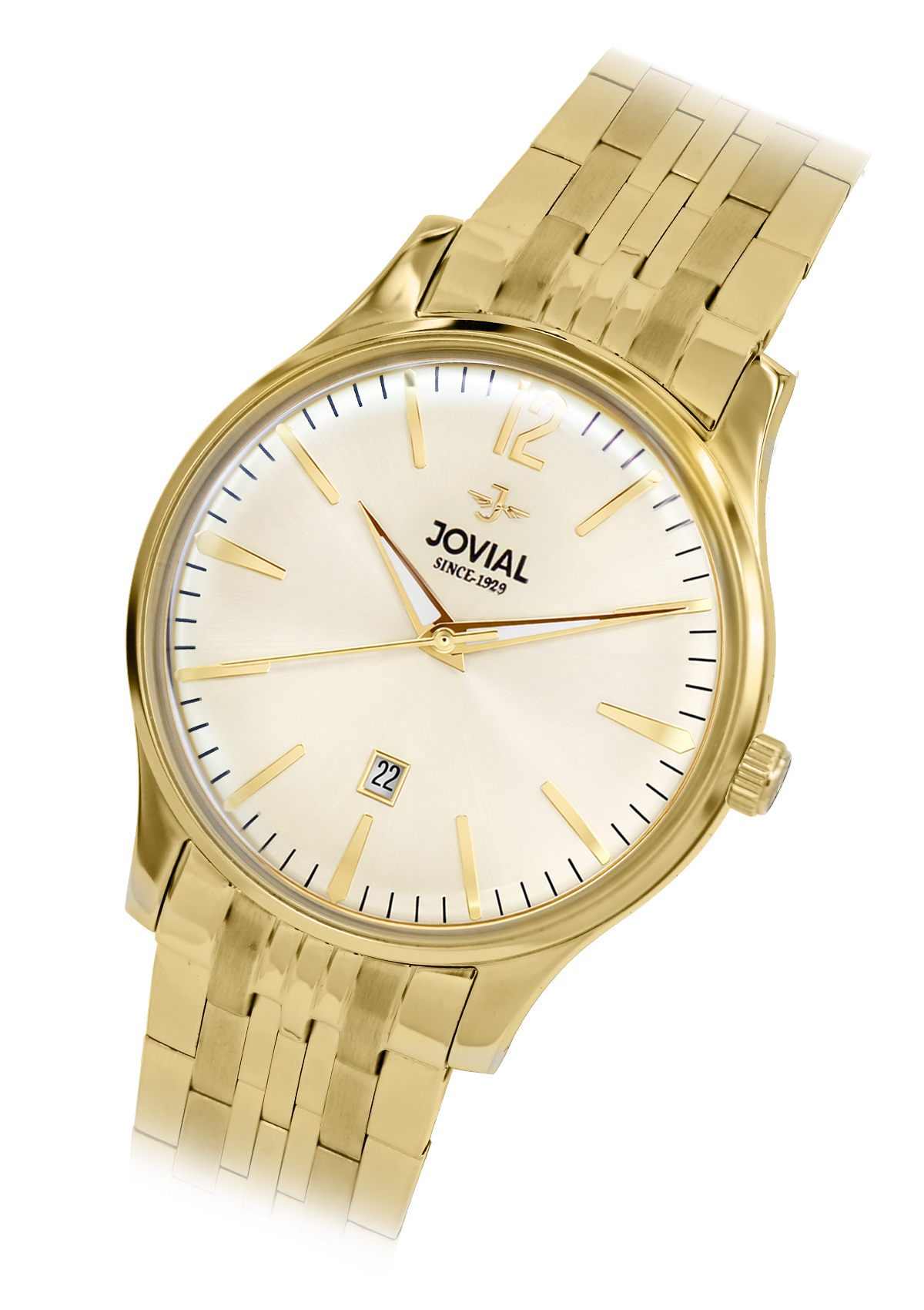 Gold wristwatch with a white face on a white background