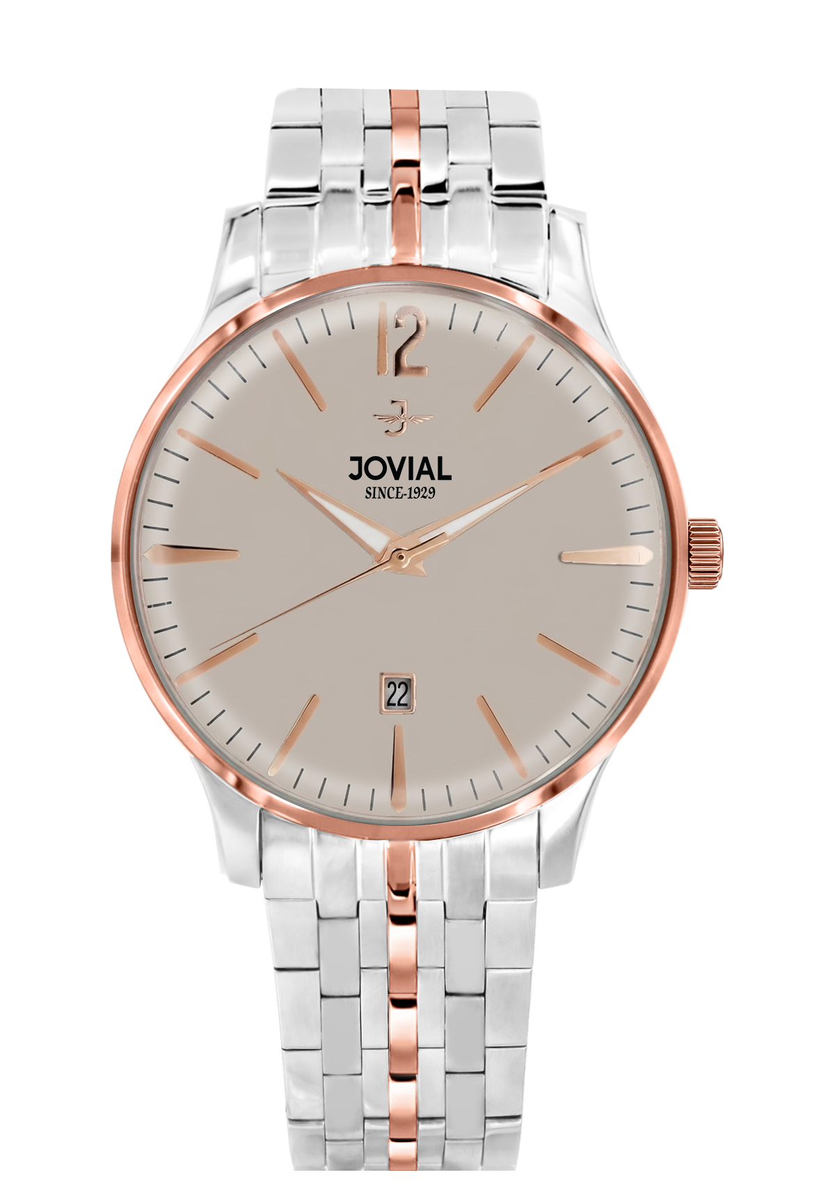 Silver and rose gold watch with 'Jovial' brand on a white background