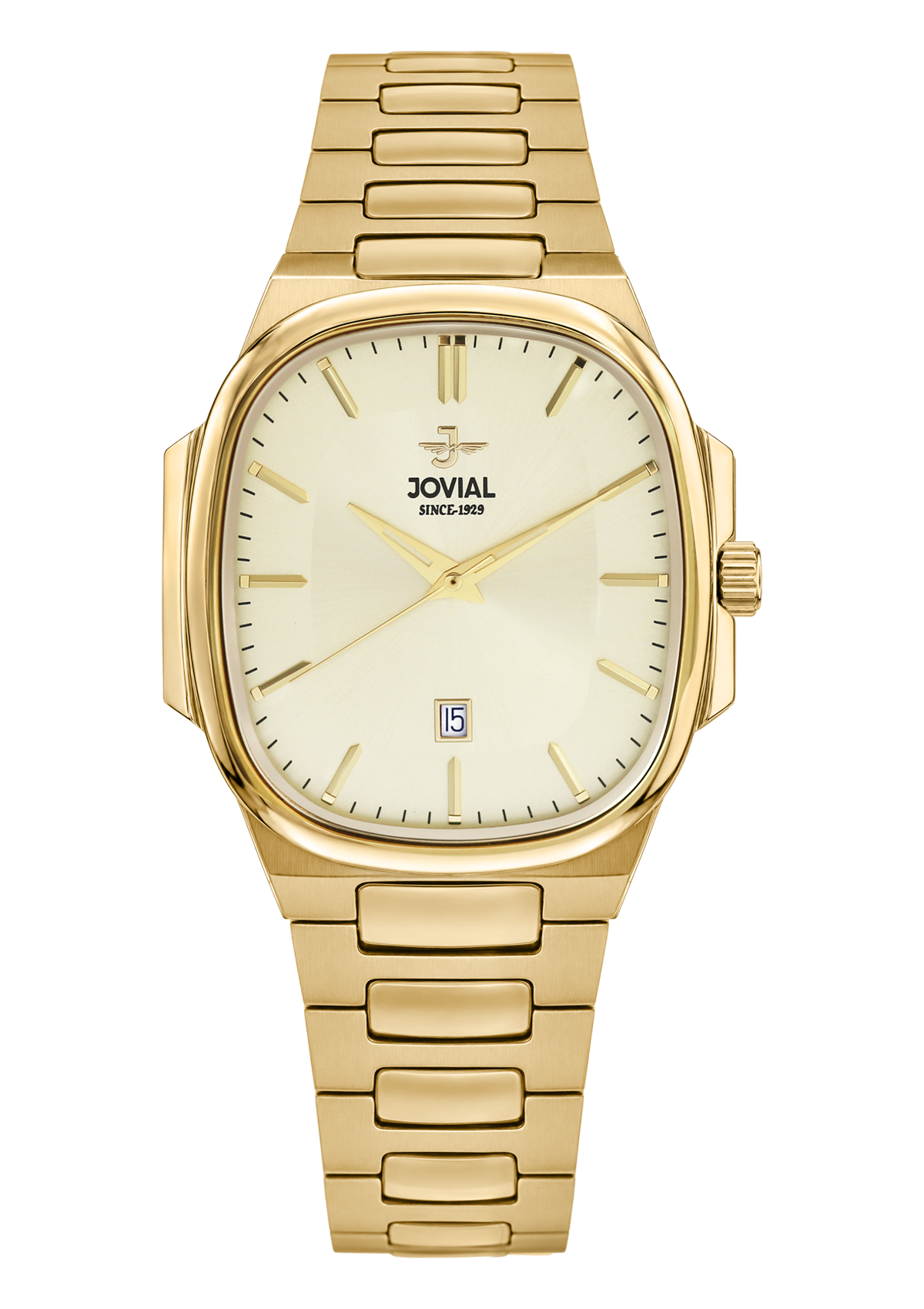 Gold wristwatch with a cream-colored face on a white background