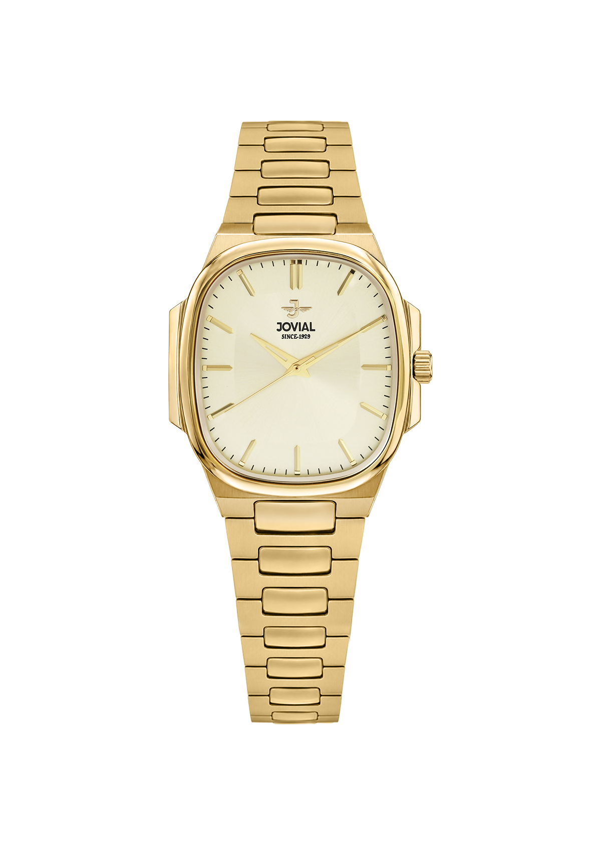 Gold wristwatch with a white face on a transparent background