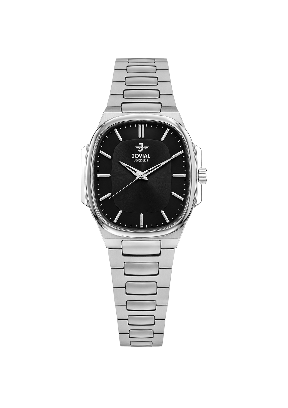 Silver watch with black dial on a white background